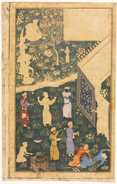 الجانب الأيسر من ورقة ألبوم مكونة من صفحتين: خارج معسكر ملكي (وجه الصفحة) بواسطة style of Bihzad