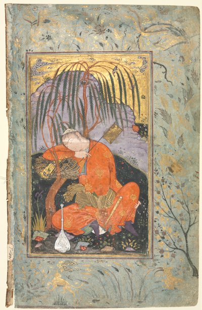 الشباب النائم (ظهر) ، رسم توضيحي من مخطوطة صفحة واحدة بواسطة اسلوب رضا yi عباسي
