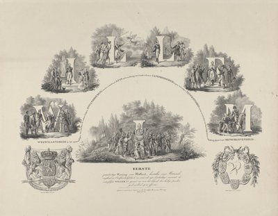 رمزية لفضائل الملك وليام الأول ، 1831 وليام الأول الملك الدستوري الأول لهولندا ، مرمم لحريتنا الوطنية واستقلالنا (...) (العنوان على الكائن) بواسطة Uitgevers van het Koninklijk Museum van S'Gravenhage