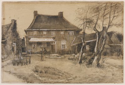 The Vicarage at Neunen: Seen from the Back، with Artists Studio on the right، c.1884 (الجرافيت ، القلم والحبر البني ، غسيل بني ، مرتفع باللون الأبيض على ورق منسوج) بواسطة فنسنت فان جوخ