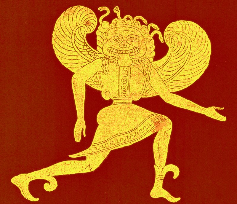 Etruscan gorgon ، من متحف كامبانا ، رسم توضيحي من `` تاريخ روما '' بقلم فيكتور دوروي ، نُشر عام 1884 (صورة محسّنة رقميًا) بواسطة (بعد) المدرسة الإنجليزية