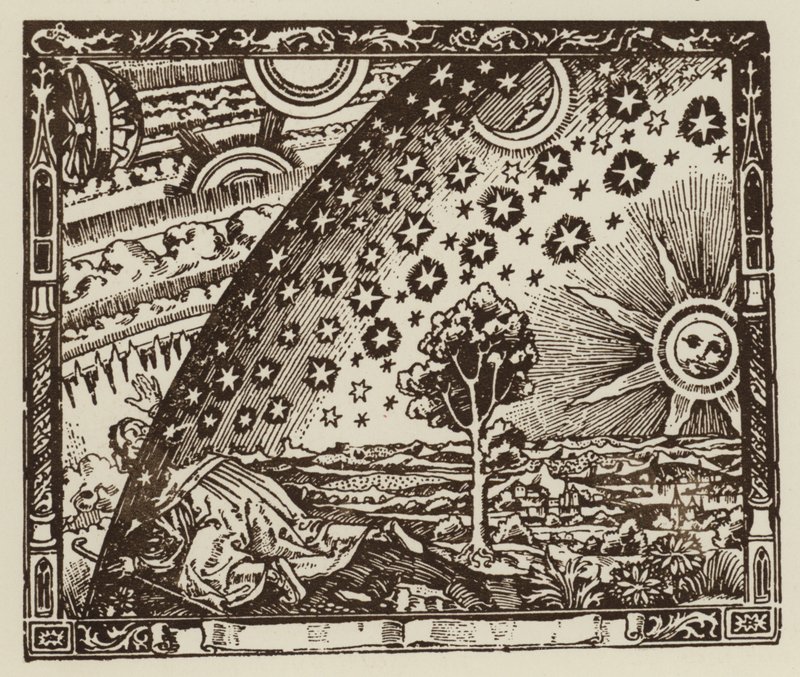يسافر الإنسان إلى نهايات الأرض ، ويمثل الكون في العصور الوسطى (ليثو) بواسطة (بعد) المدرسة الإنجليزية