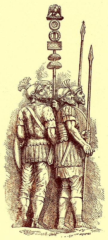 الجنود الرومان ، رسم توضيحي لـ "تاريخ إنجلترا" بواسطة H.O. Arnold-Forster ، نُشر عام 1897 (صورة محسّنة رقميًا) بواسطة (بعد) المدرسة الإنجليزية