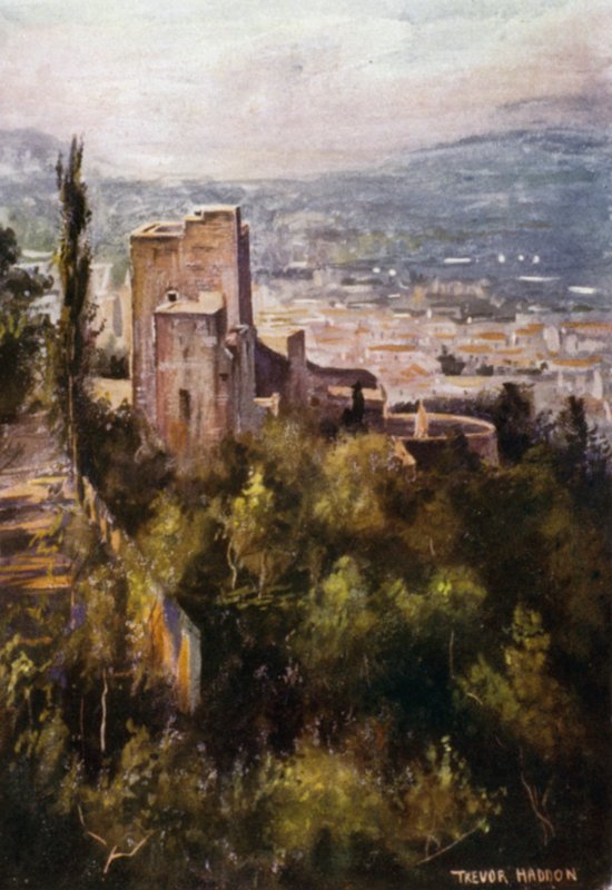 The Alhambra, The Vermillion Towers from the Ramparts (colour litho) بواسطة أ. تريفور هادون