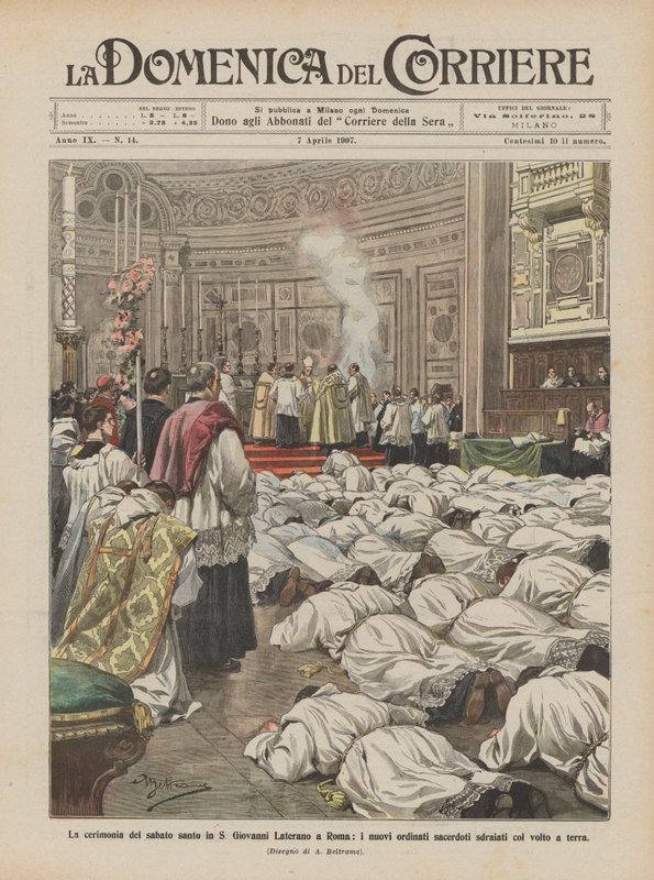 حفل السبت المقدس في S. Giovanni Laterano في روما ، الكهنة المعينون حديثًا مستلقين ووجوههم على الأرض بواسطة أخيل بيلترام