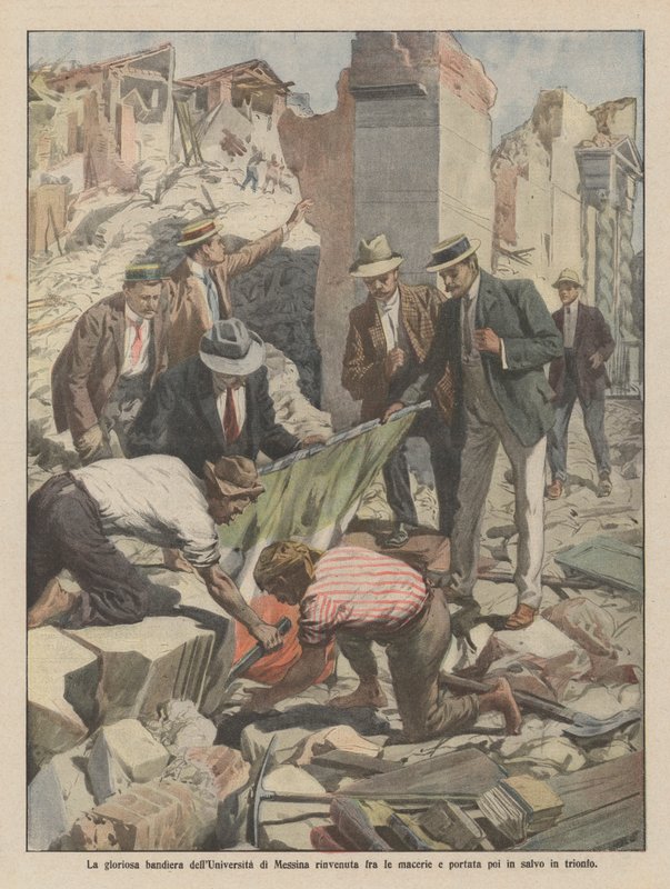 تم العثور على العلم المجيد لجامعة ميسينا بين الأنقاض ثم تم إحضاره إلى بر الأمان في النصر بواسطة أخيل بيلترام
