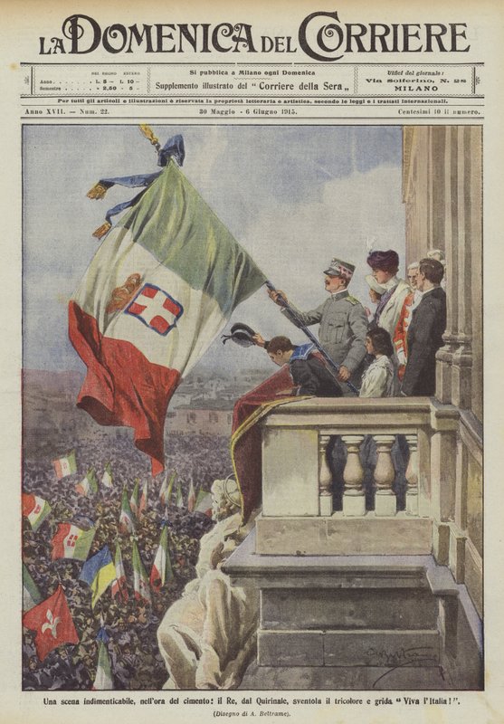 مشهد لا ينسى ، في ساعة المحاكمة ، الملك ، من Quirinale ، يلوح بالعلم ويصرخ فيفا إيطاليا! بواسطة أخيل بيلترام