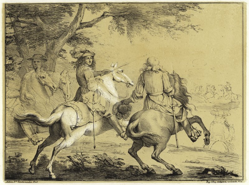 الملك لويس الرابع عشر عند هزيمة الجيش الإسباني بالقرب من قناة بروج عام 1667 بواسطة Adam Frans van der Meulen
