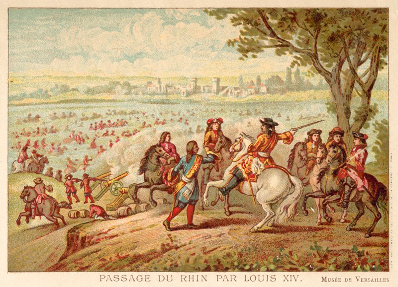 لويس الرابع عشر من فرنسا يعبر نهر الراين ، 1672 (chromolitho) بواسطة Adam Frans van der Meulen