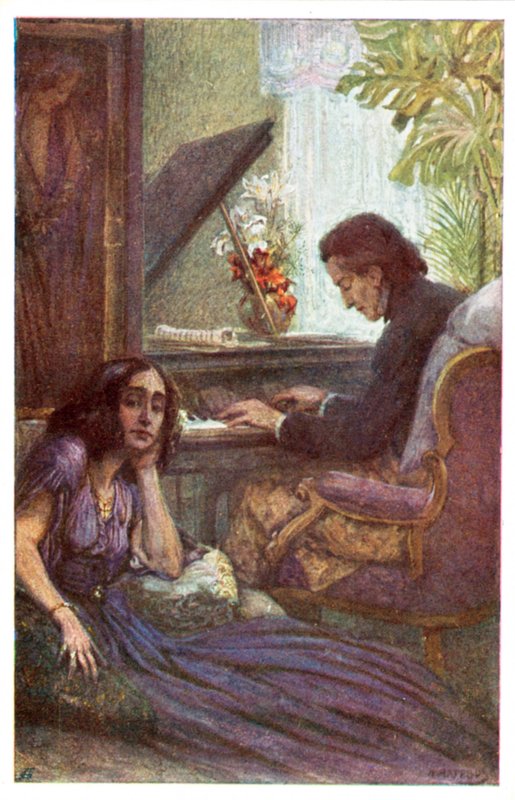 Musician and composer, Frederic Chopin, with George Sand by Adolf Karpellus (colour litho) بواسطة أدولف كاربيلوس