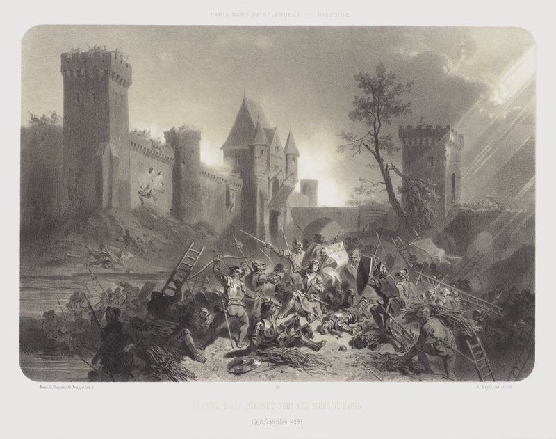 أصيب جان دارك أمام أسوار باريس ، 8 سبتمبر 1429 (ليثو) بواسطة Adolphe Jean-Baptiste (بعد) Bayot