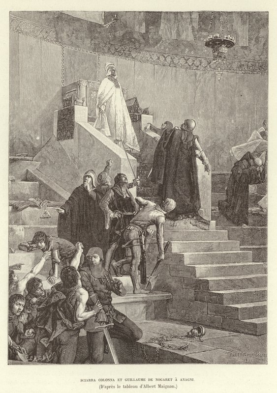 Sciarra Colonna et Guillaume de Nogaret a Anagni. Sciarra Colonna and Guillaume de Nogaret confronting Pope Boniface VIII at Anagni, Italy بواسطة ألبرت بيير رينيه مينيان