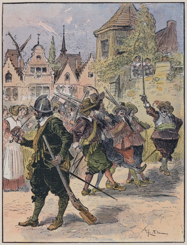 رسم توضيحي لـ Le Capitaine Bellormeau بواسطة ورسم A Robida (لون ليثو) بواسطة ألبرت روبيدا