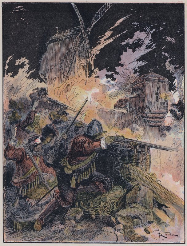 رسم توضيحي لـ Le Capitaine Bellormeau بواسطة ورسم A Robida (لون ليثو) بواسطة ألبرت روبيدا