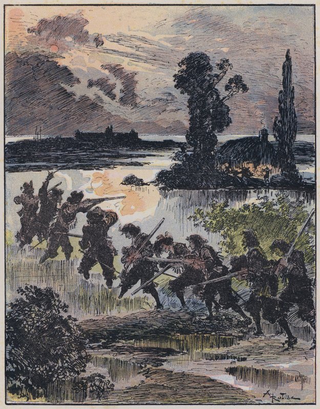 رسم توضيحي لـ Le Capitaine Bellormeau بواسطة ورسم A Robida (لون ليثو) بواسطة ألبرت روبيدا