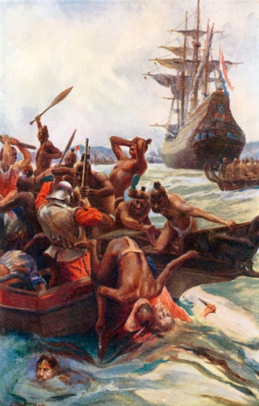 رجال تاسمان يهاجمهم السكان الأصليون قبالة ساحل نيوزيلندا (صورة حجرية ملونة) بواسطة أليك بول