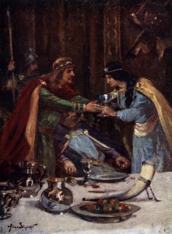 تسميم الملك إثيلبرت الثاني ملك شرق أنجليا على يد سينثريث، زوجة أوفا الثاني ملك ميرسيا، 794 (ليثو ملون) بواسطة ألان (بعد) ستيوارت