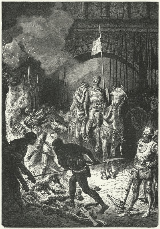 El Cid, accompanied by his wife Dona Jimena, oversees the building of the funeral pyre of Ahmed, Moorish King of Valencia بواسطة ألفونس ماري دي (بعد) نوفيل