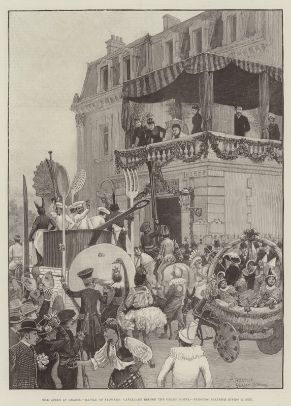 الملكة في جراس ، معركة الزهور ، Cavalcade قبل فندق Grand ، الأميرة بياتريس تعطي المال بواسطة أميدي فوريستير