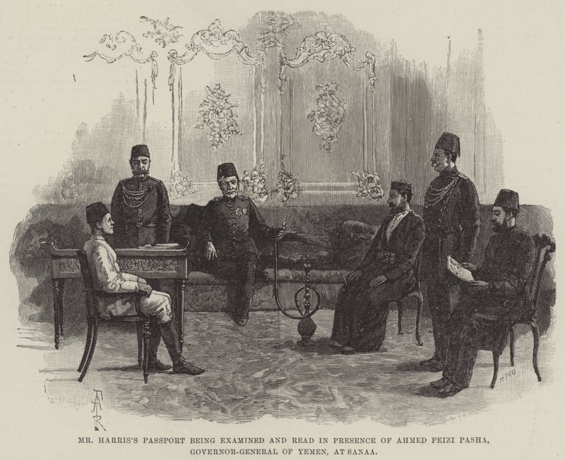 فحص جواز سفر السيد هاريس وقراءته بحضور أحمد فايزي باشا ، الحاكم العام لليمن ، في صنعاء بواسطة أميدي فوريستير