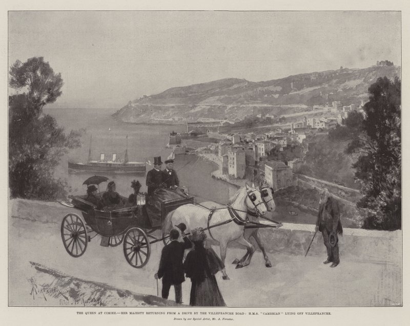 الملكة في Cimiez ، جلالة العائدين من رحلة بالسيارة على طريق Villefranche ، HMS Cambrian ملقاة على Villefranche بواسطة أميدي فوريستير