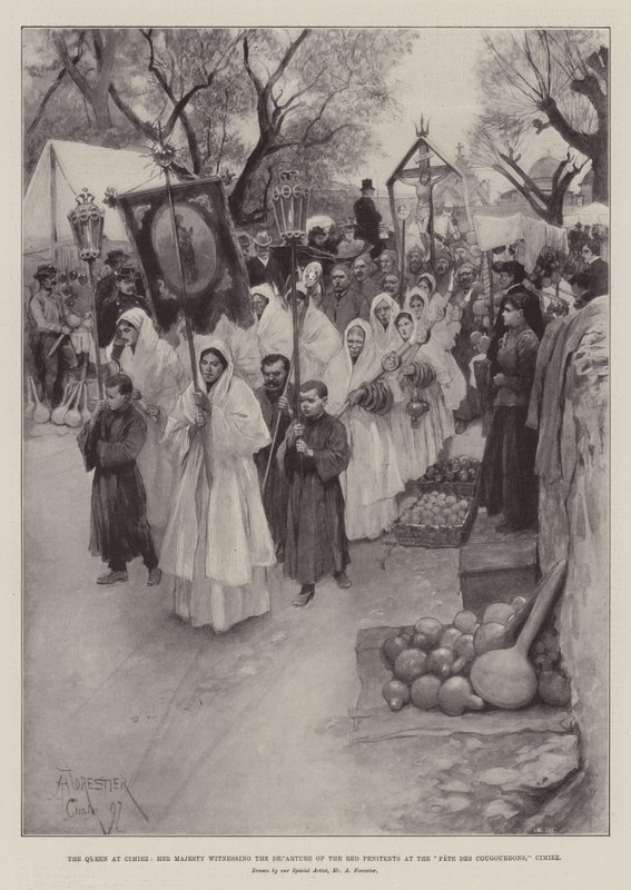 الملكة في سيميز ، جلالة الملكة تشهد رحيل التائبين الأحمر في Fete des Cougourdons ، سيميز بواسطة أميدي فوريستير
