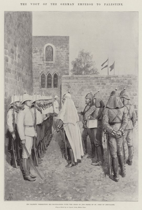 زيارة الإمبراطور الألماني لفلسطين ، جلالة السلطان يرفع بلوزه الزرقاء بصليب وسام القديس يوحنا القدس بواسطة أميدي فوريستير