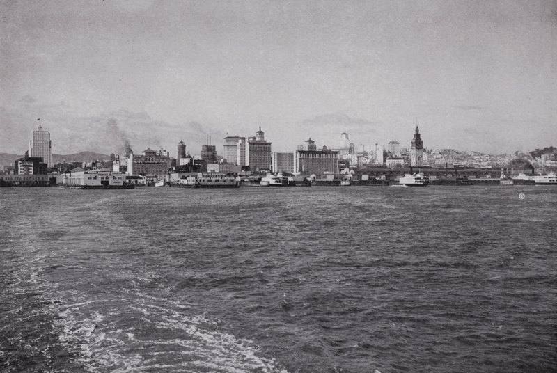 كاليفورنيا: أفق سان فرانسيسكو ، من عبارة جنوب المحيط الهادئ (b / w photo) بواسطة المصور الأمريكي (بعد)
