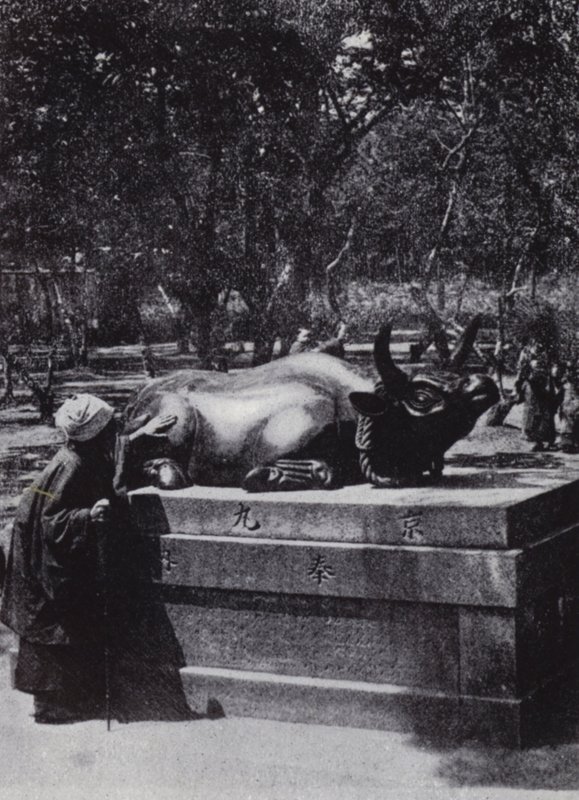 امرأة متدينة تضرب ثورًا من البرونز (صورة b / w) بواسطة المصور الأمريكي (بعد)