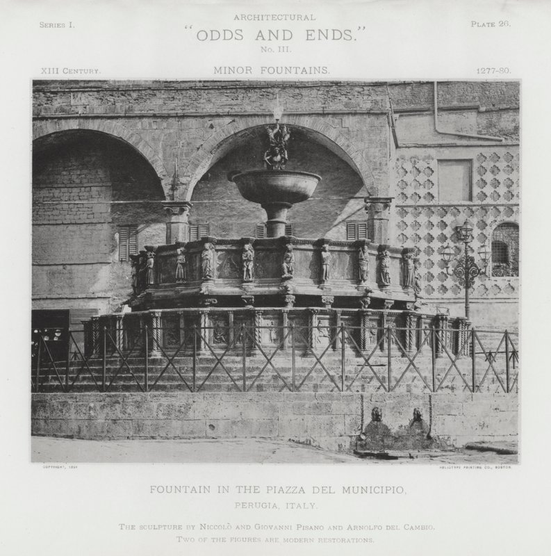 نافورة في Piazza Del Municipio ، بيروجيا ، إيطاليا (b / w photo) بواسطة المصور الأمريكي (بعد)