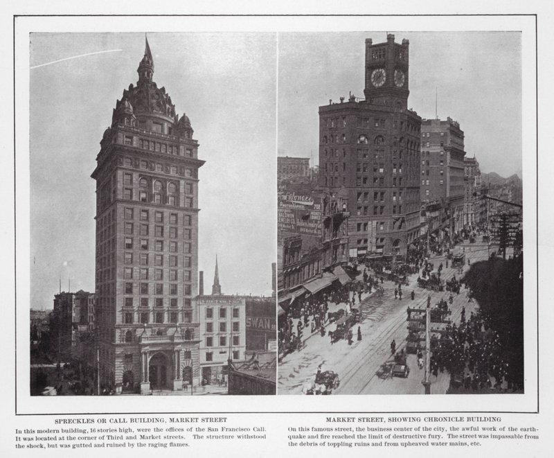 سان فرانسيسكو: Spreckles or Call Building، Market Street؛ شارع السوق ، يظهر مبنى كرونيكل (صورة بالأبيض والأسود) بواسطة المصور الأمريكي (بعد)