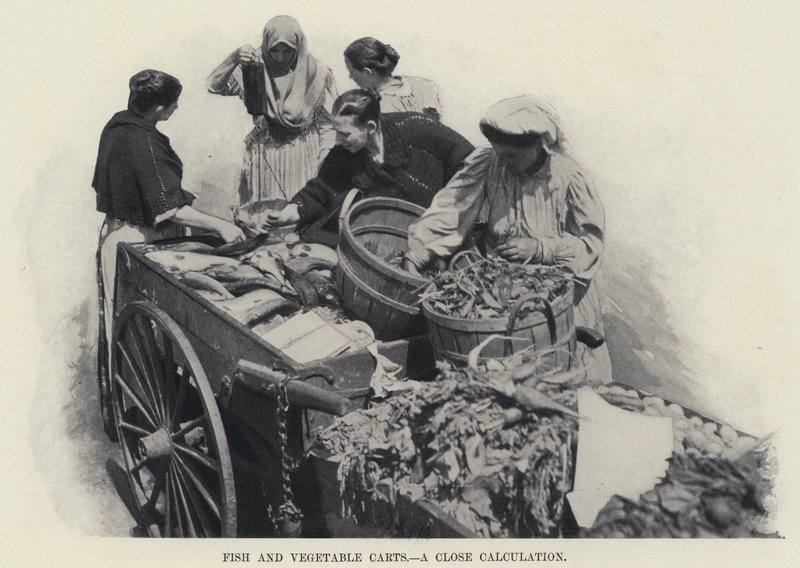 عربات الأسماك والخضروات ، حساب قريب (صورة أبيض وأسود) بواسطة مصور أمريكي