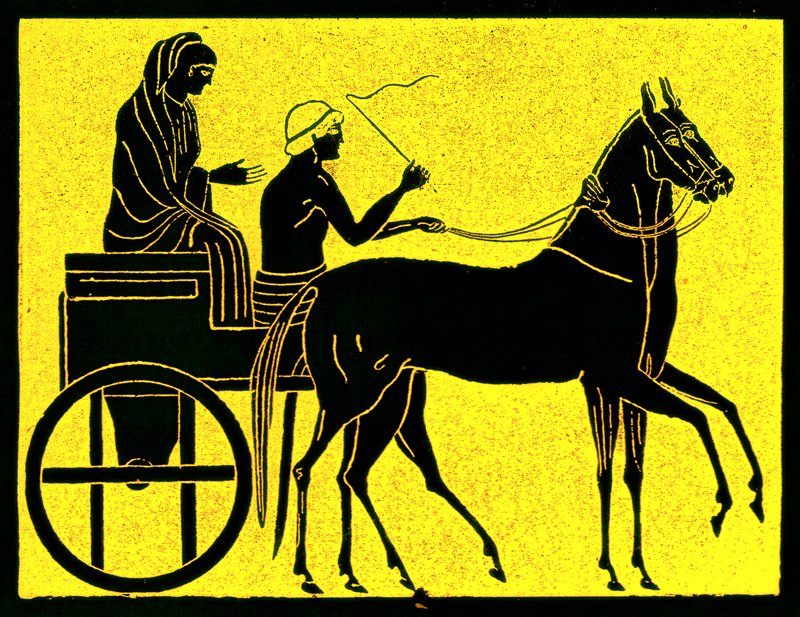 عربة يونانية ، رسم توضيحي من تاريخ اليونان بقلم فيكتور دوروي ، نُشر عام 1890 (صورة محسنة رقميًا) بواسطة المدرسة الأمريكية