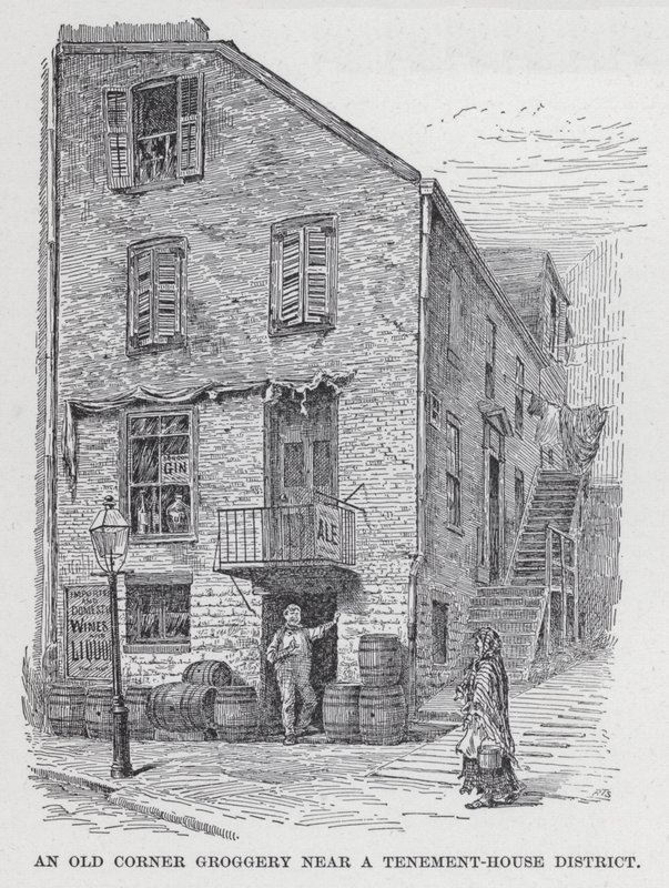 Groggery الزاوية القديمة بالقرب من Tenement-House District (litho) بواسطة المدرسة الأمريكية