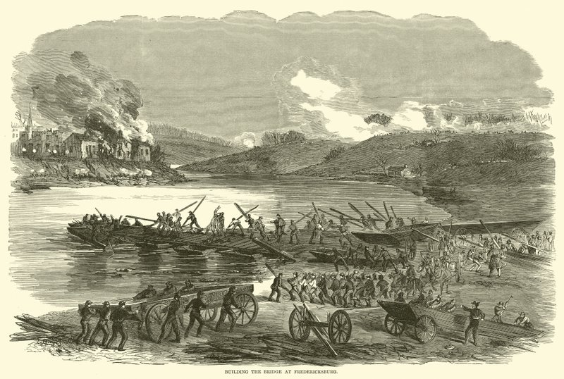 بناء الجسر في فريدريكسبيرج ، ديسمبر 1862 بواسطة المدرسة الأمريكية
