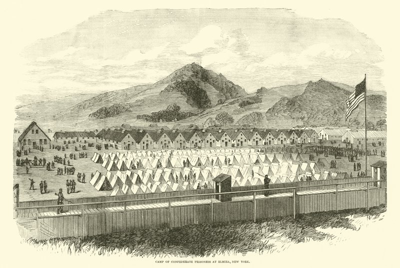 معسكر السجناء الكونفدراليين في الميرا ، نيويورك ، مايو 1865 بواسطة المدرسة الأمريكية