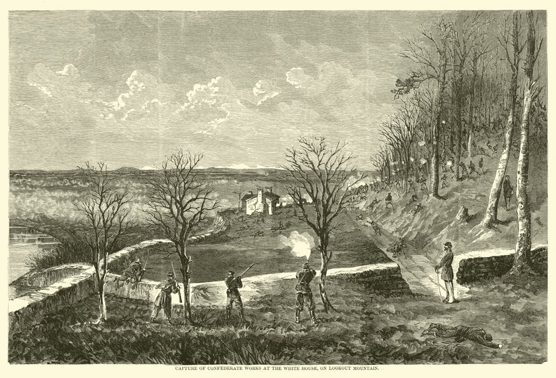 الاستيلاء على الأعمال الكونفدرالية في البيت الأبيض ، في جبل لوكأوت ، نوفمبر 1863 بواسطة المدرسة الأمريكية