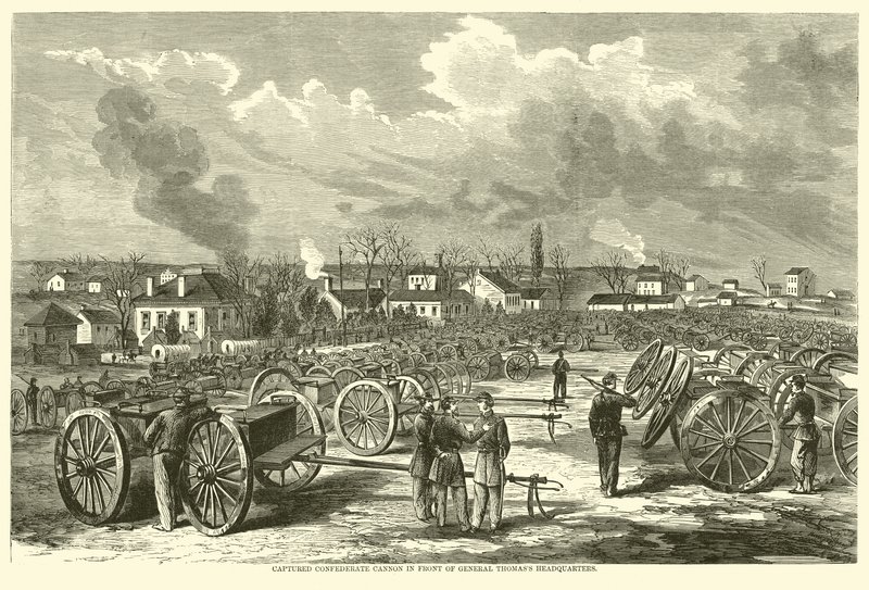 تم القبض على مدفع الكونفدرالية أمام مقر الجنرال توماس ، نوفمبر 1863 بواسطة المدرسة الأمريكية