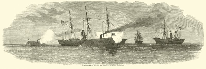 الكباش الكونفدرالية تشتبك مع أسطول الحصار قبالة تشارلستون ، يناير 1863 بواسطة المدرسة الأمريكية