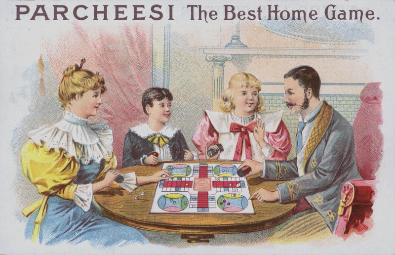 عائلة تلعب لعبة Parcheesi (Chromolitho) بواسطة المدرسة الأمريكية