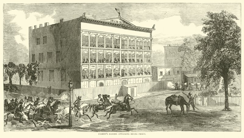 غزاة يهاجمون سجن إيرفينغ ، أغسطس 1864 بواسطة المدرسة الأمريكية