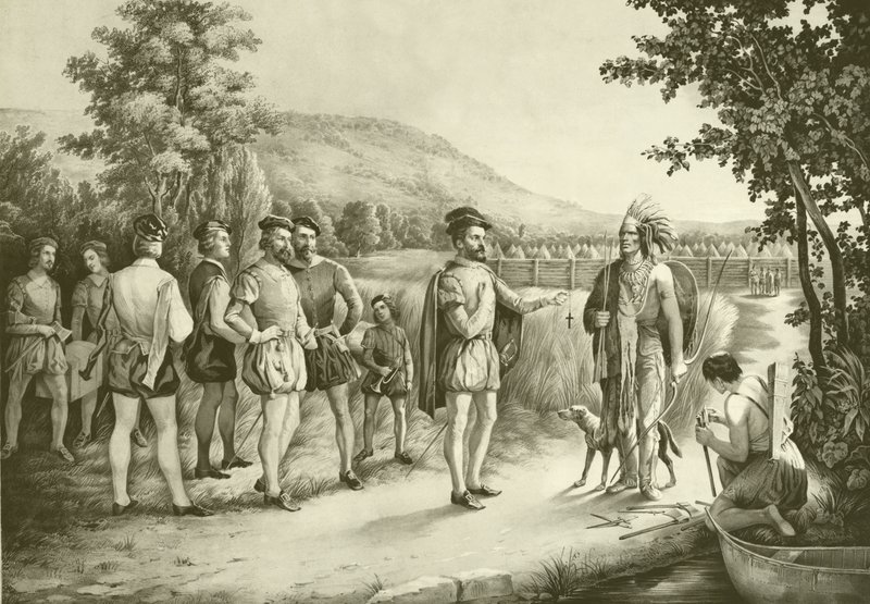 جاك كارتييه ، أول مقابلة له مع الهنود في Hochelaga الآن مونتريال في 1535 ، c.1850 بواسطة المدرسة الأمريكية