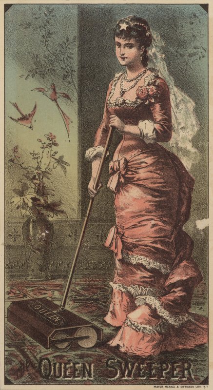 سيدة تستخدم مكنسة Queen Carpet Sweeper بواسطة المدرسة الأمريكية