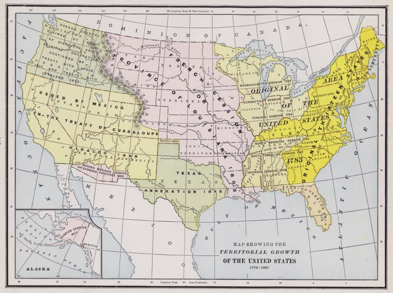 Map showing the territorial growth of the United States (coloured engraving) بواسطة المدرسة الأمريكية