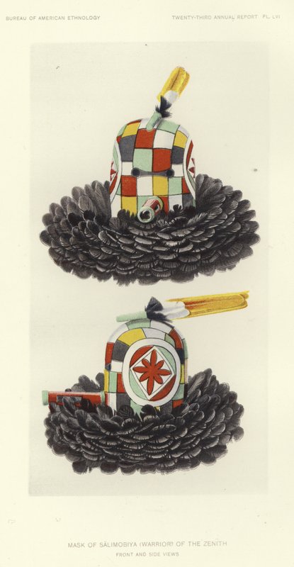 قناع سليموبية (محارب) الذروة - منظر أمامي وجانبي (طباعة حجرية ملونة) بواسطة المدرسة الأمريكية