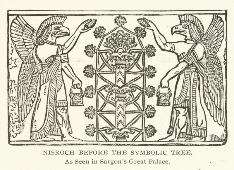 Nisroch قبل الشجرة الرمزية ، كما رأينا في Sargons Great Palace بواسطة المدرسة الأمريكية
