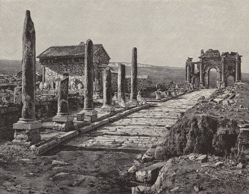 أطلال مدينة تيمقاد الرومانية البربرية (ثاموجاس القديمة) ، الجزائر (نقش) بواسطة المدرسة الأمريكية