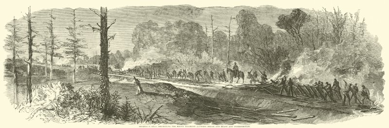 قام جيش شيرمان بتدمير سكك حديد ماكون بين Rough و Ready و Jonesborough ، أغسطس 1864 بواسطة المدرسة الأمريكية