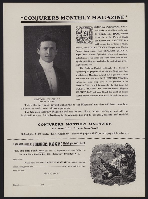 نموذج الاشتراك لمجلة Conjurers الشهرية ، رئيس التحرير Harry Houdini (litho) بواسطة المدرسة الأمريكية