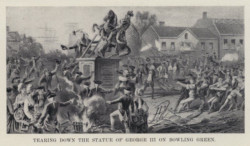 Tearing down the Statue of George III on Bowling Green (litho) بواسطة المدرسة الأمريكية